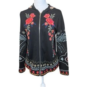 Dor Dor Couture Black Floral Embroidered Boho Full Zip Jacket Medium Colorful